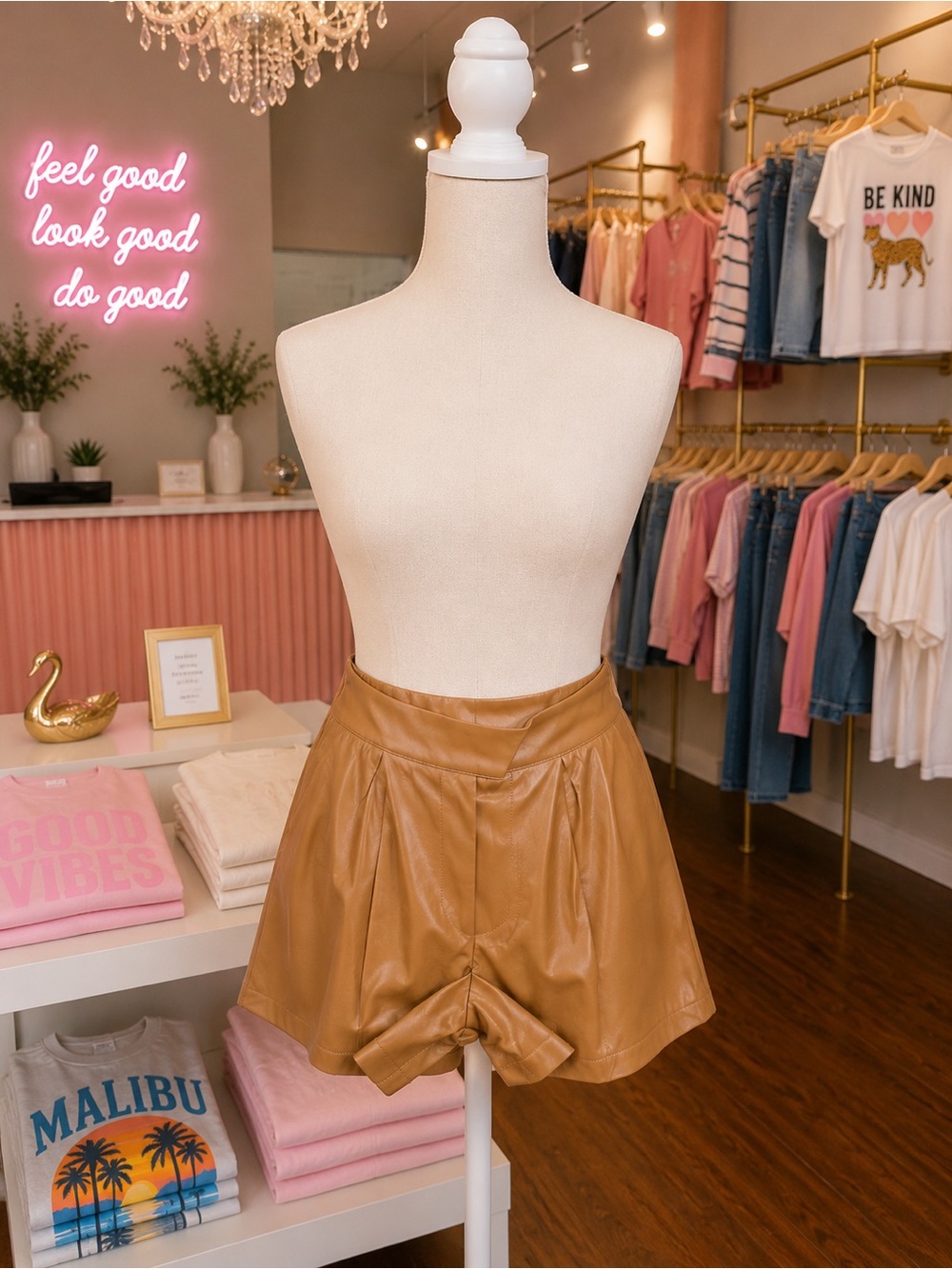Faux Leather High-Waist Pleated Shorts - Tan